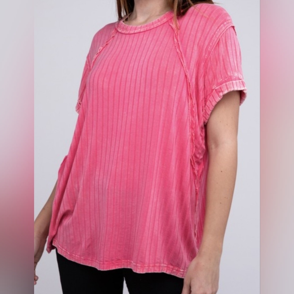 Zenana ribbed boat Neck Distressed raglan top Coral L/XL